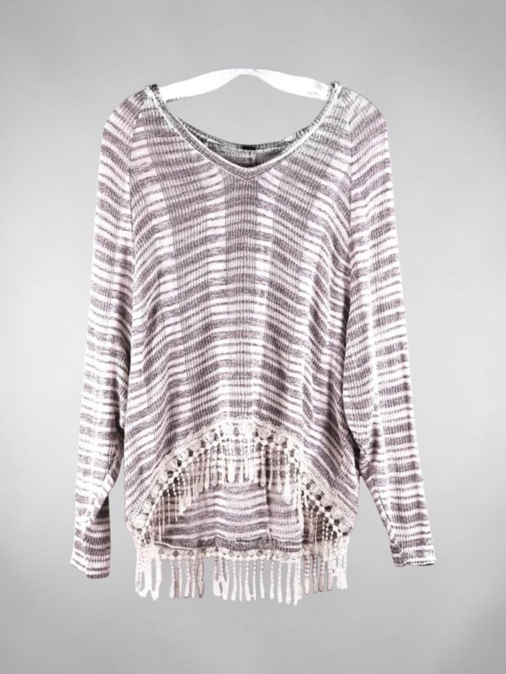 POOF Gray White Striped Lightweight Hooded Fringe Pullover Cover Up Small - Picture 8 of 9